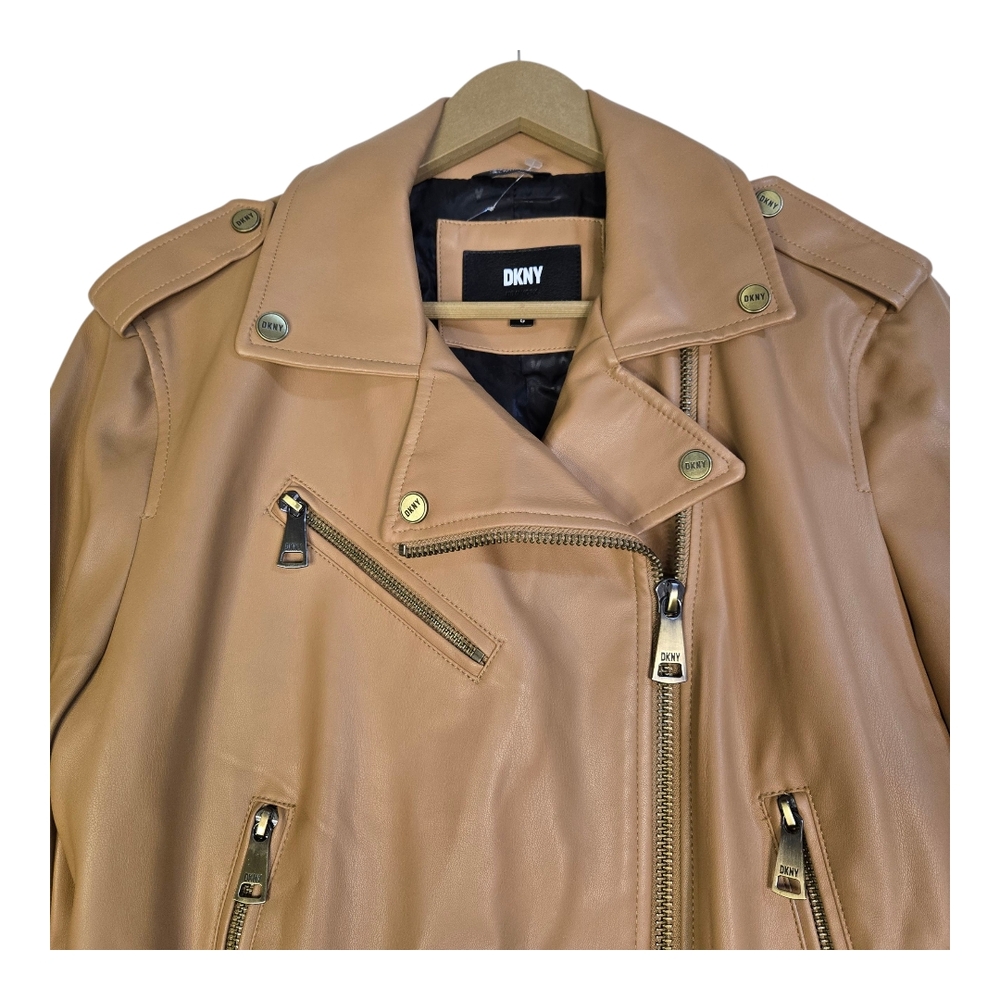 DKNY Women's Size Large Tan Faux Leather Moto Jacket, Belted With Zipper Details - Picture 2 of 11